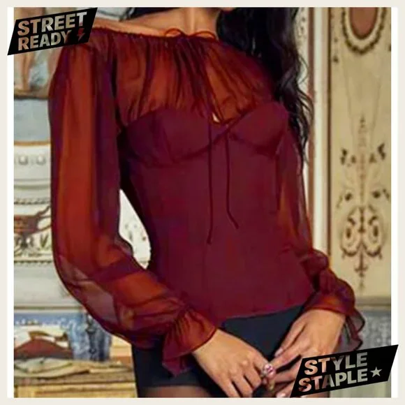 Large Polyester Corset Top with Sheer Long Sleeves Tie Front Blouse